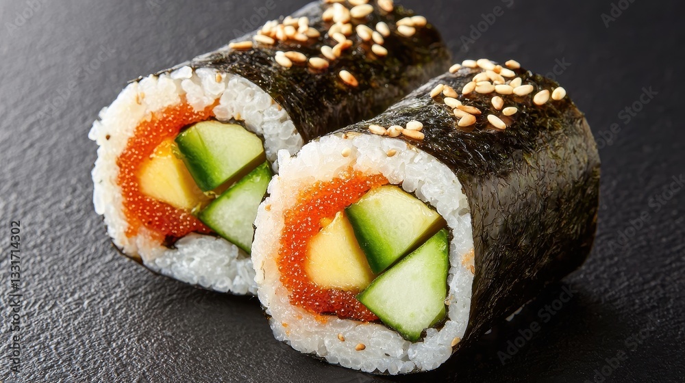 Delicious sushi rolls cut in half, showcasing vibrant ingredients like cucumber and salmon, garnished with sesame seeds. Delicious sushi rolls cut in half, showcasing vibrant ingredients like cucumber and salmon, garnished with sesame seeds.