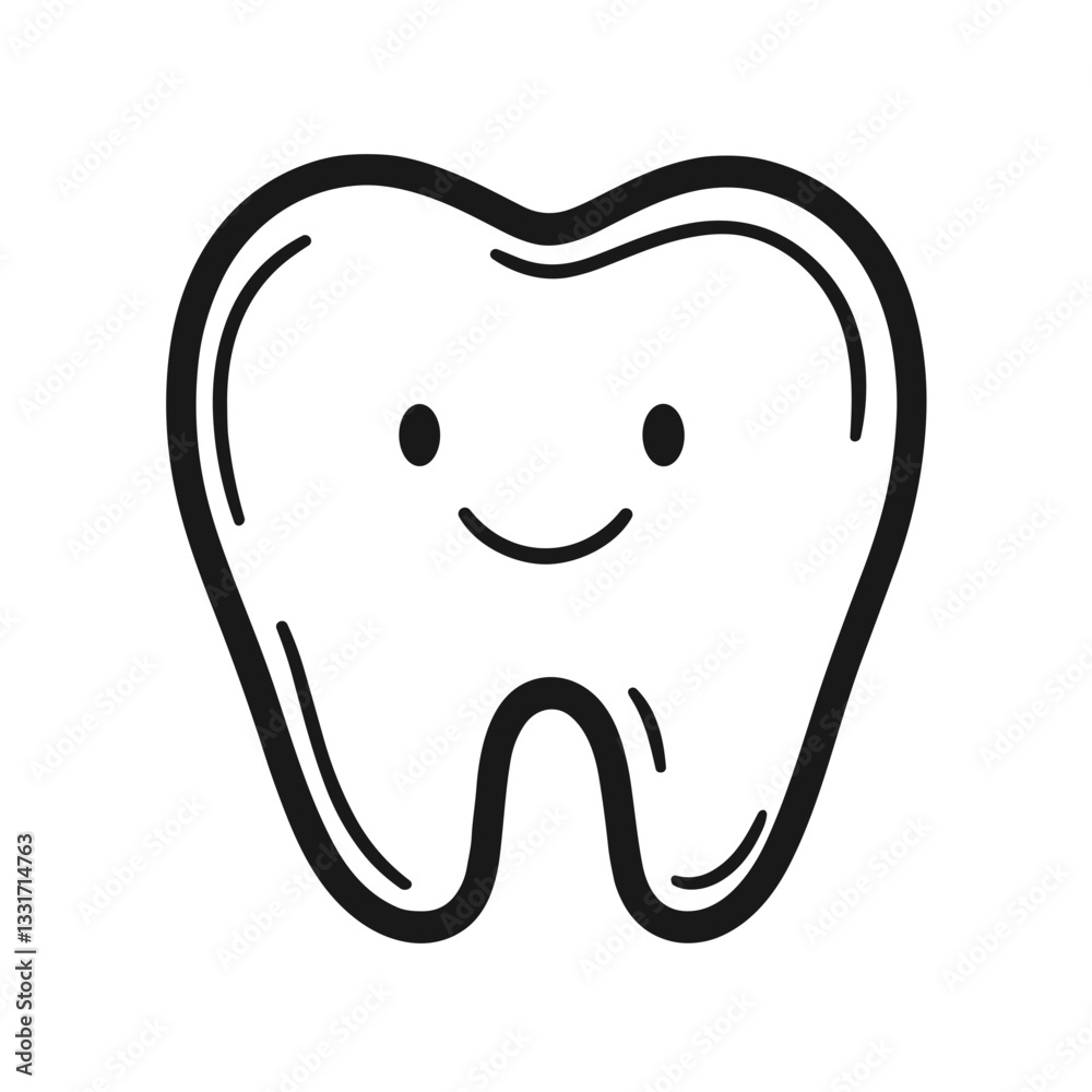 Smiling tooth icon in black and white line art. Friendly dental care symbol for clinics and logos Smiling tooth icon in black and white line art. Friendly dental care symbol for clinics and logos