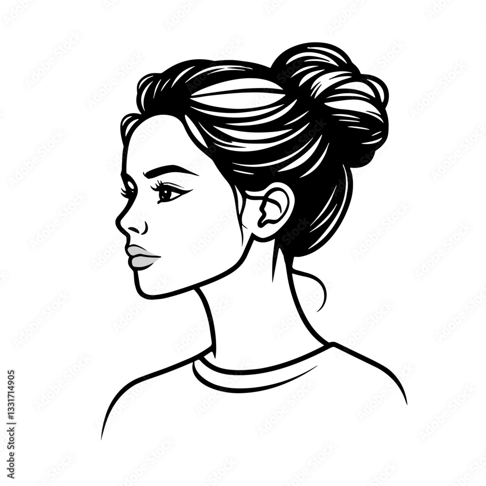 Elegant woman profile illustration in black and white. Minimalist female portrait in line art style Elegant woman profile illustration in black and white. Minimalist female portrait in line art style
