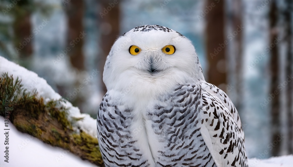 Fototapeta premium A majestic snowy owl with piercing yellow eyes perched on a snow-covered branch in a quiet winter forest. 