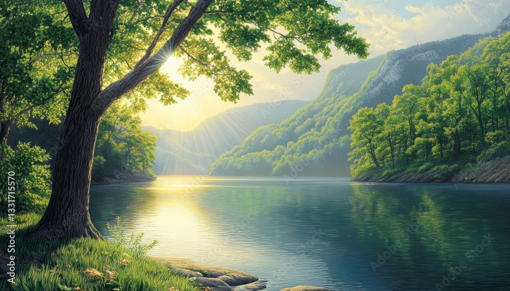 Fototapeta premium Lake Landscape with Sunlight Shining Through Trees and Reflecting on Water