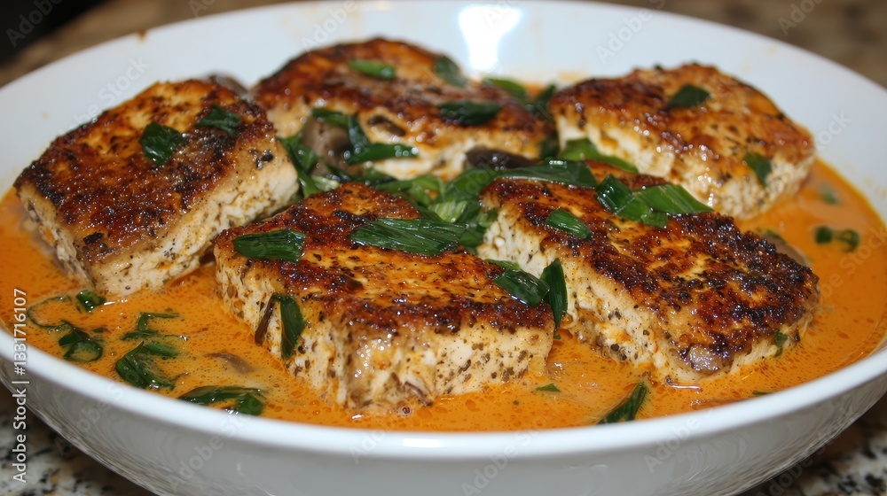 A delicious dish featuring golden-brown fish fillets served in a creamy sauce with greens, showcasing a delightful culinary presentation. A delicious dish featuring golden-brown fish fillets served in a creamy sauce with greens, showcasing a delightful culinary presentation.