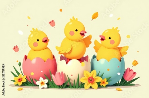 Baby chicks popping out of cracked Easter eggs, with flowers