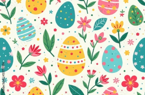 A seamless pattern featuring colorful pastel Easter eggs decorated   blooming spring flowers and leaves.