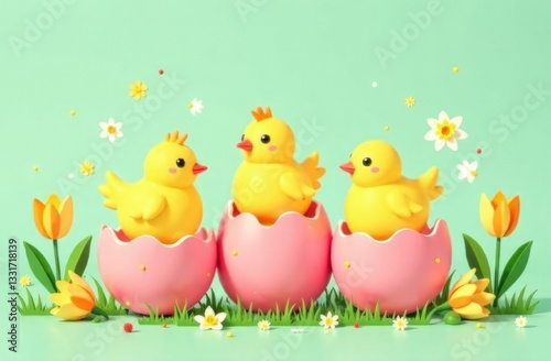 Three Baby chicks popping out of cracked Easter eggs, with flowers