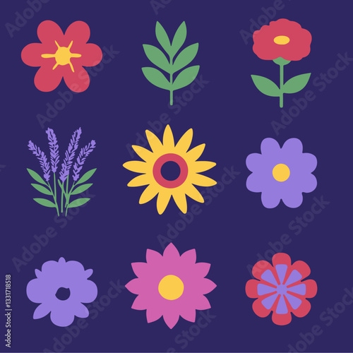 Flat design illustration of colorful flowers for nature, botanical, and decorative design concepts
