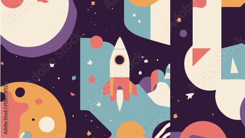 Minimalist flat design illustration of outer space with a rocket, planets, and stars using geometric shapes and vibrant colors