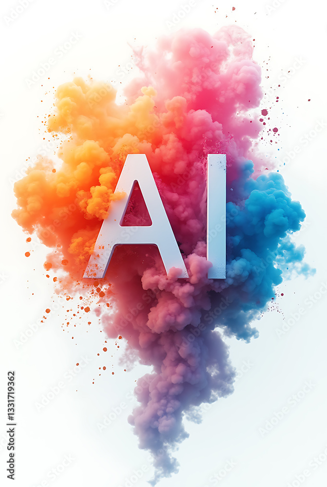 Colorful smoke explosion with bright letters depicting artificial intelligence in a creative digital art setting