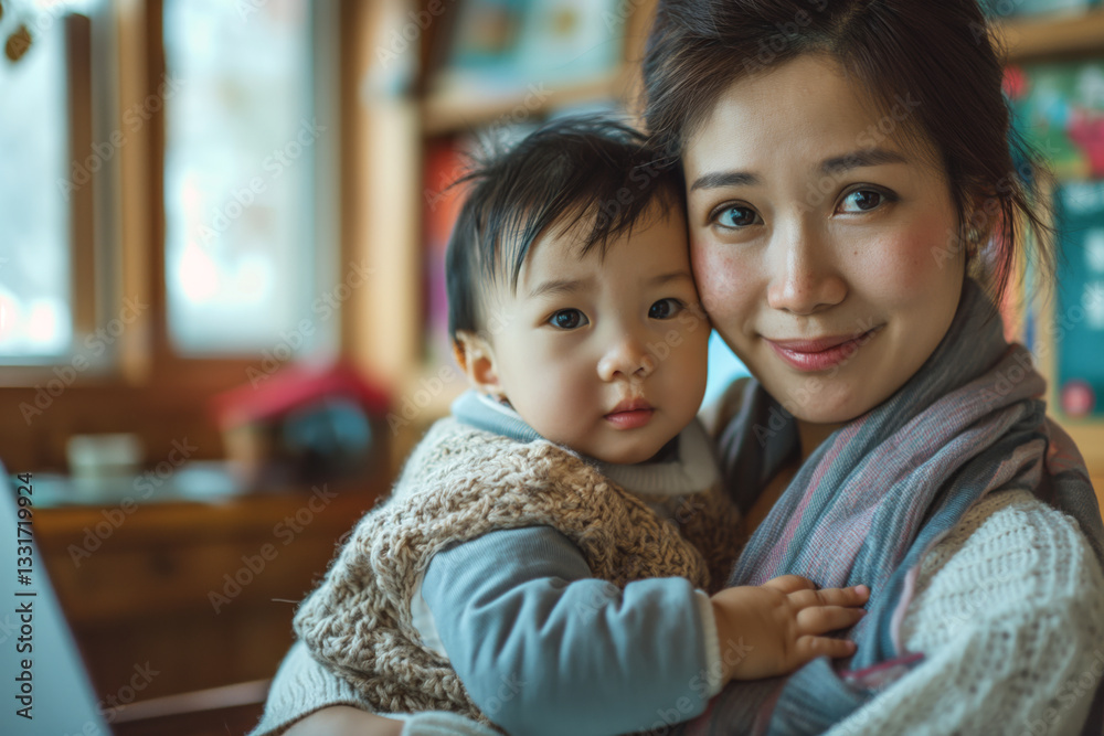 A South Asian woman lovingly holds her baby in a cozy, warmly lit room, exuding tenderness and connection. A South Asian woman lovingly holds her baby in a cozy, warmly lit room, exuding tenderness and connection.