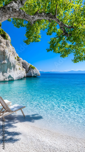 Tranquil beach scene under a shady tree