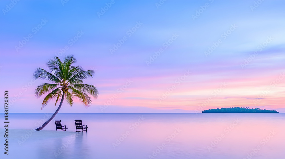 Fototapeta premium Tranquil beach scene with palm tree and chairs at sunset