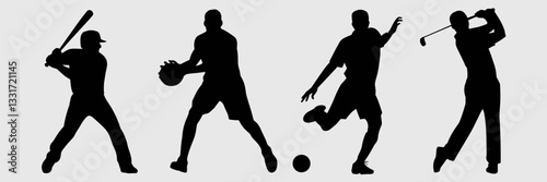 Silhouettes of sports players with icons – Great for sports posters, athlete branding, or dynamic illustrations.