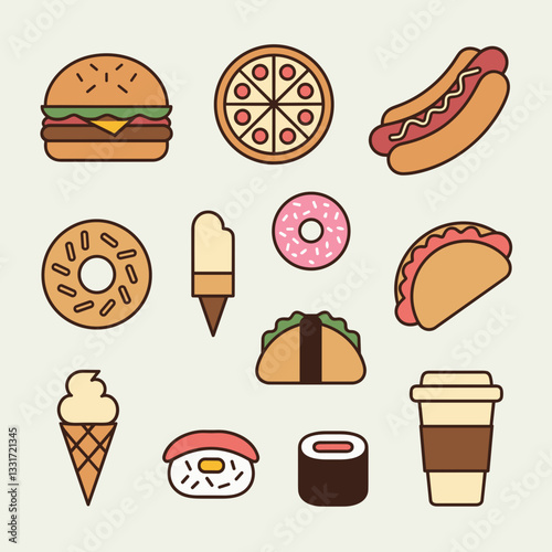 Vector food icons with hamburger, pizza, hot dog, donut, taco, ice cream cone, sushi roll, and coffee cup – Great for food lovers, restaurant websites, or recipe blogs.