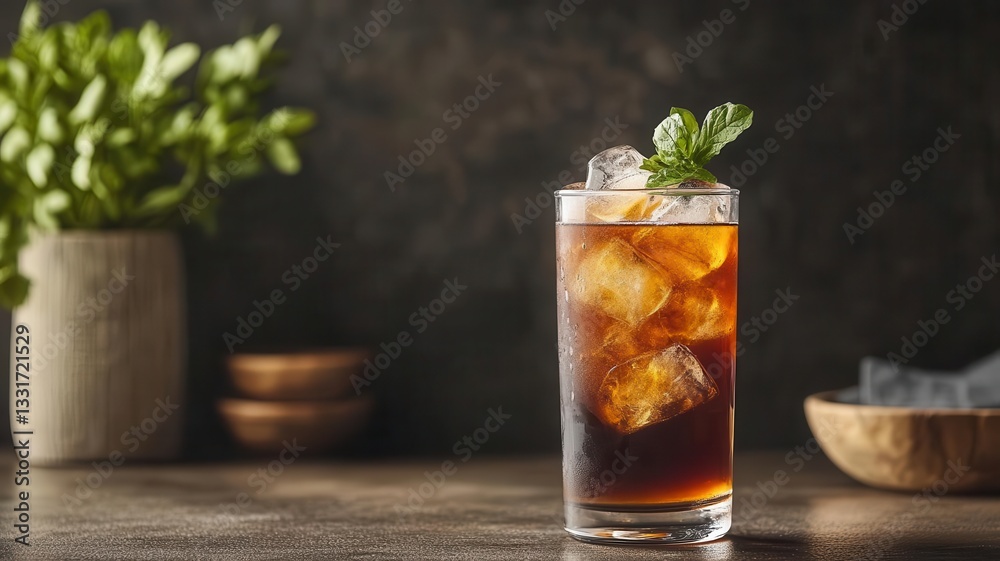 Cold brew coffee in a tall glass with ice, deep brown tones, urban cafe aesthetic Cold brew coffee in a tall glass with ice, deep brown tones, urban cafe aesthetic