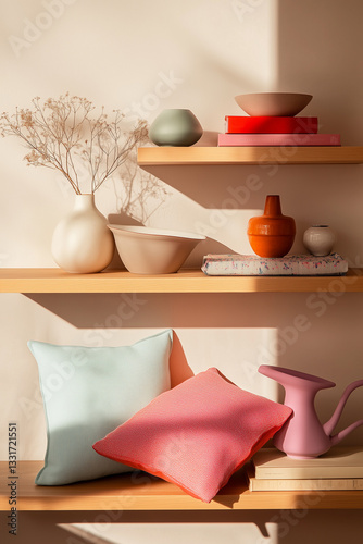 A Wall with Shelves, Cozy Interior with Warm Sunlight and Stylish Decor Elements - Vases, Pillows, Mugs and Books