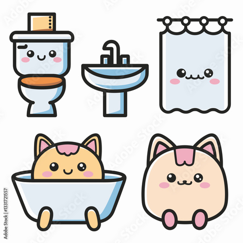 Kawaii vector art of bathroom icons including toilet, sink, bathtub, and shower curtain – Perfect for bathroom-related products, cleaning brands, or home decor.