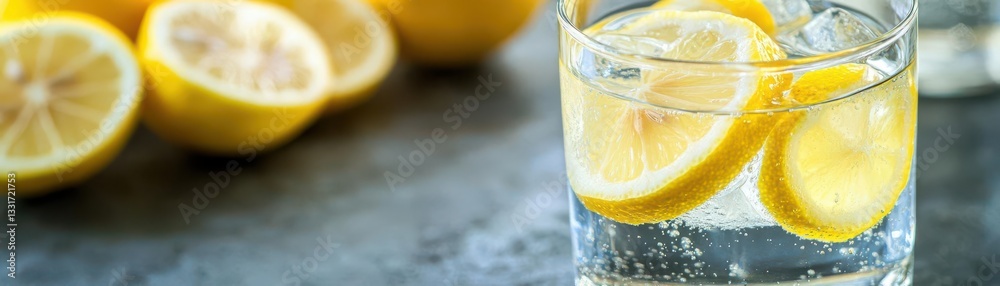 Crystal-clear glass of mineral water with lemon slices, minimalistic and clean composition Crystal-clear glass of mineral water with lemon slices, minimalistic and clean composition