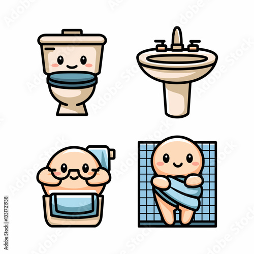 Kawaii vector art of bathroom icons with anime-style faces – Perfect for playful bathroom accessories, children's products, or home design.