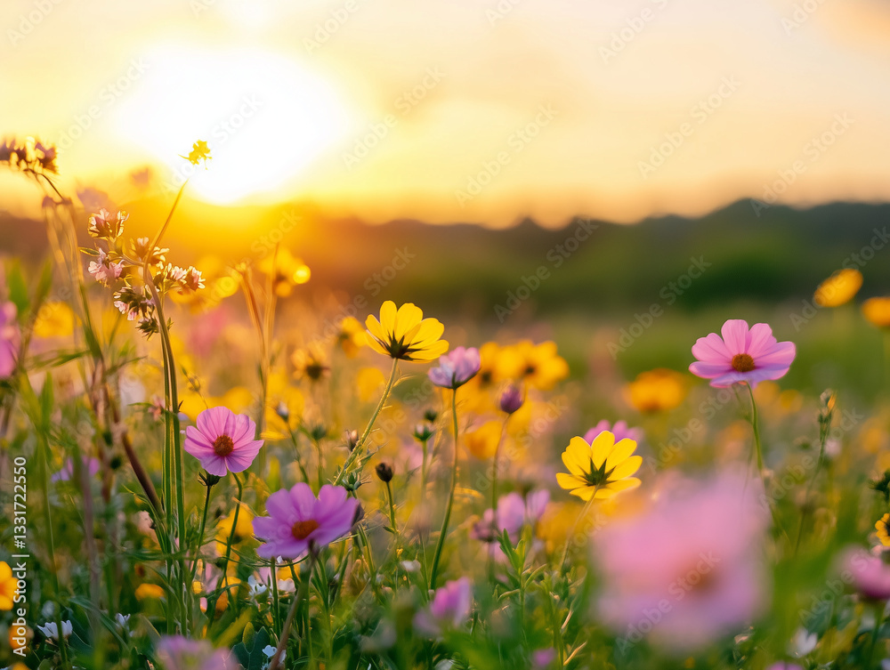 Fototapeta premium Golden Sunset Over a Blooming Wildflower Meadow, Tranquil and Idyllic Nature Scene