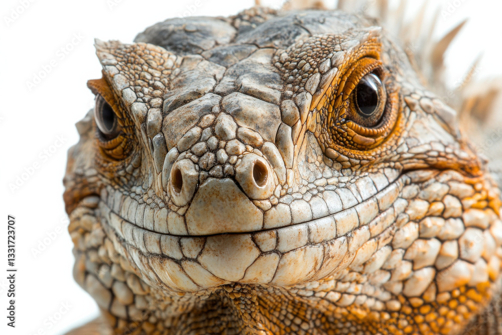 Fototapeta premium Iguana with textured skin, captured on a white background, representing exotic beauty