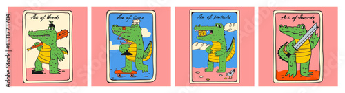 Funny tarot card of crocodiles set. Ace of wands, caps, pentacles, swords. Trendy vector illustration.