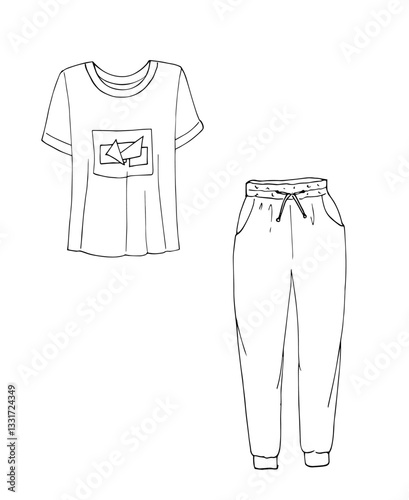 Womens homewear, tshirt and athletic pants with pockets and drawstring waistband.  Hand-drawn illustration isolated on white.