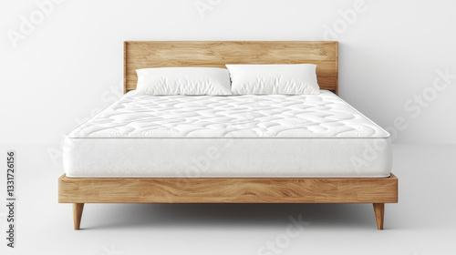 Comfortable mattress on wooden bed frame with pillows, perfect for restful sleep