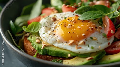 A vibrant dish featuring avocado toast topped with a perfectly fried egg, fresh greens, and juicy tomatoes, ideal for a healthy breakfast option or brunch idea.