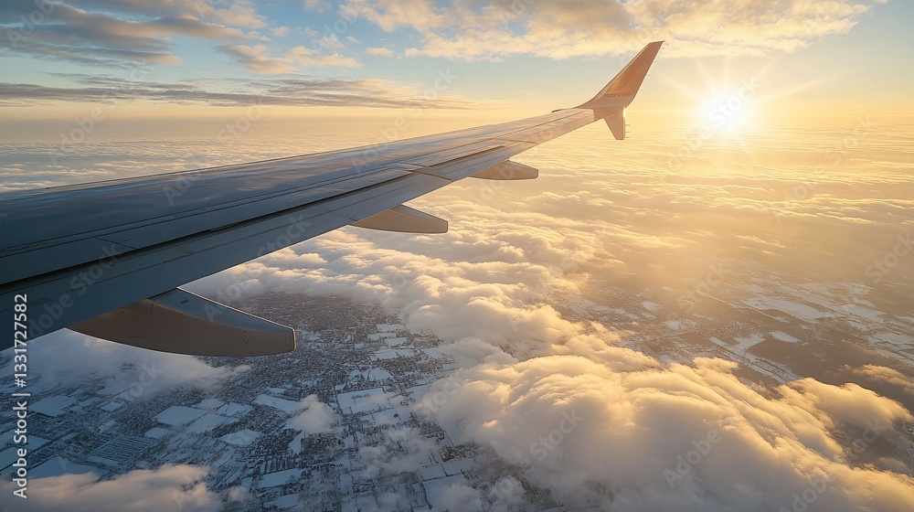Obraz premium An airplane wing glides above fluffy clouds toward bright sunlight