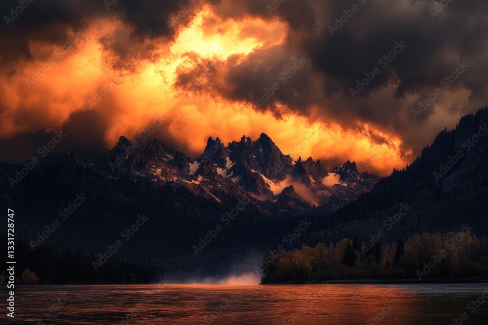Fototapeta premium Stanley Idaho Scenic Alpine Landscape with Dramatic Stormy Sky and Autumn Colors at Lower Salmon River