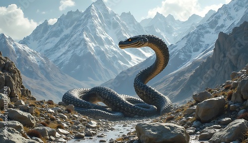Giant titanoboa snake coiled on rocky terrain with snow covered mountains in the background view