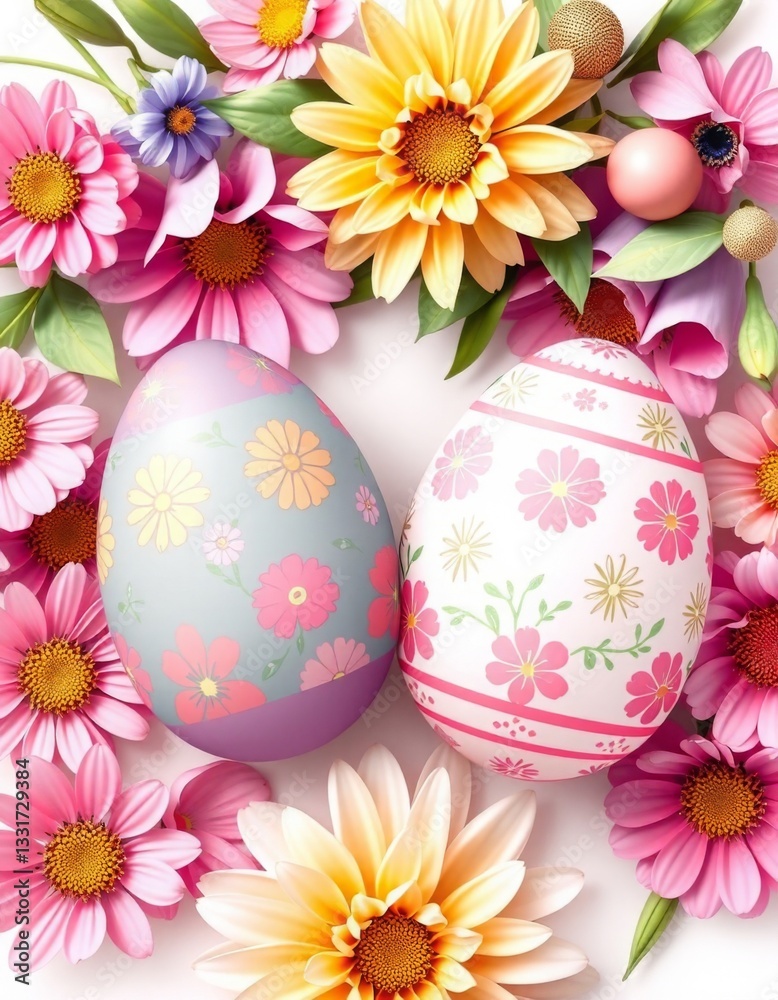 Fototapeta premium Illustration of Easter eggs on a background of flowers on a white background 