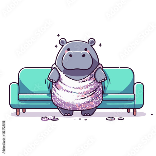 Cozy hippo in knitted sweater sitting on turquoise sofa. Vector illustration for home comfort, relaxation and hygge lifestyle concepts.