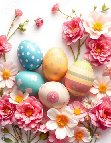 Illustration of Easter eggs on a background of flowers on a white background	
