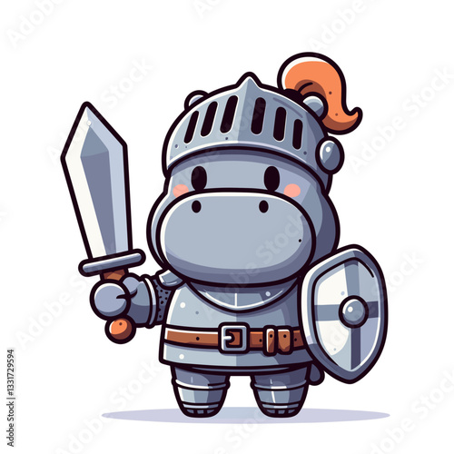 Brave hippo knight in armor with sword and shield. Vector illustration for gaming characters, fantasy stories and medieval themed concepts.
