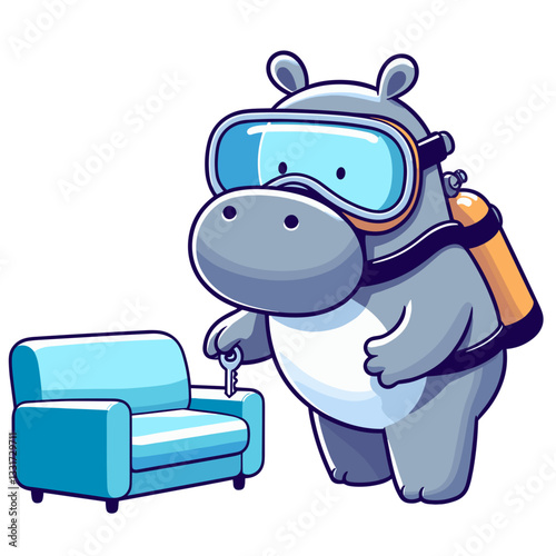 Professional hippo furniture cleaner with oxygen tank and sofa. Vector illustration for cleaning services, upholstery maintenance and home care concepts.