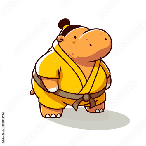 Martial arts hippo in yellow karate gi with belt. Vector illustration for sports training, self-defense classes and eastern discipline concepts.