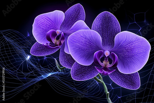 Two purple orchids digital art style, vibrant violet and black, elegant floral design