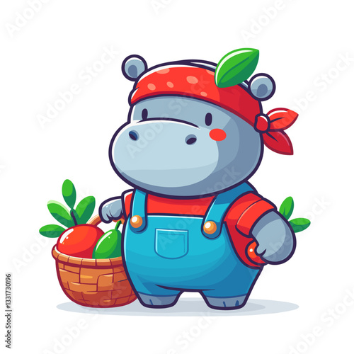 Farmer hippo with carrot harvest in red bandana and overalls. Vector illustration for agriculture, organic farming and fresh produce concepts.