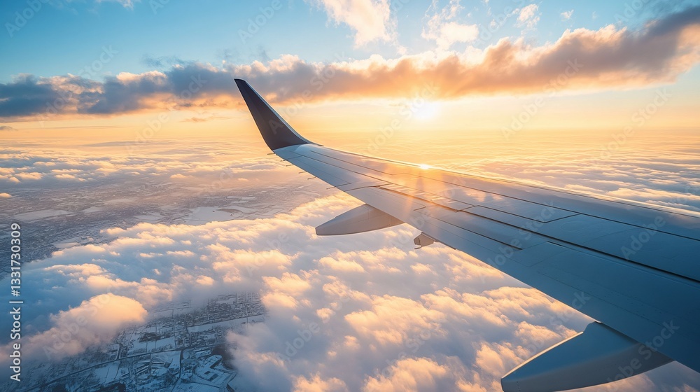 Fototapeta premium A plane wing flying above fluffy clouds during a sunrise