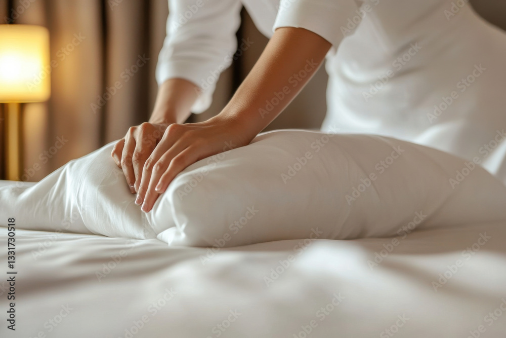Female Hand set up white bed sheet in bedroom. Close-up of a maid's hands making bed in a hotel room. Making Bed. Maid working making the bed at a hotel Female Hand set up white bed sheet in bedroom. Close-up of a maid's hands making bed in a hotel room. Making Bed. Maid working making the bed at a hotel