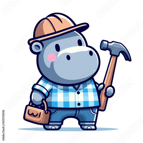 Handyman hippo with hammer and toolbox in checkered shirt. Vector illustration for repair services, home maintenance and DIY renovation concepts.