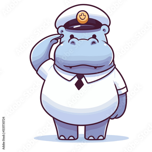 Naval officer hippo in white uniform with captain's hat. Vector illustration for maritime professions, cruise line services and nautical themed designs.