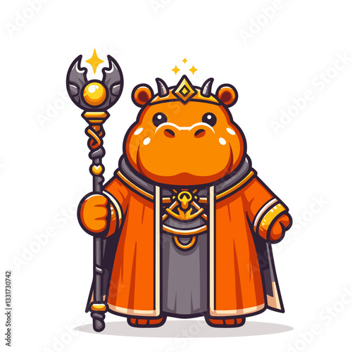 Majestic hippo king with crown, scepter and royal robe in orange. Vector illustration for fantasy stories, monarchy themes and leadership concepts.