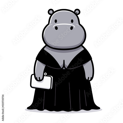 Solemn hippo judge in black robe holding legal document. Vector illustration for law services, court proceedings and justice system concepts.