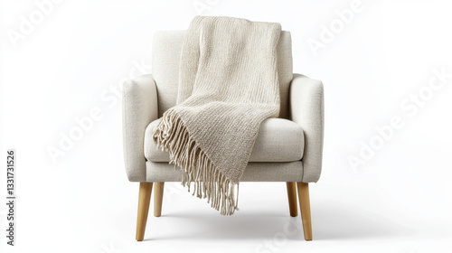 Cozy armchair with soft beige blanket draped over it, perfect for relaxation