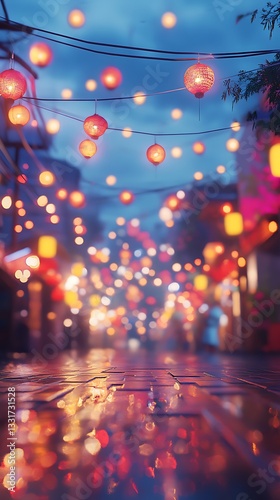 A vibrant street adorned with glowing lanterns, creating a festive atmosphere at dusk.