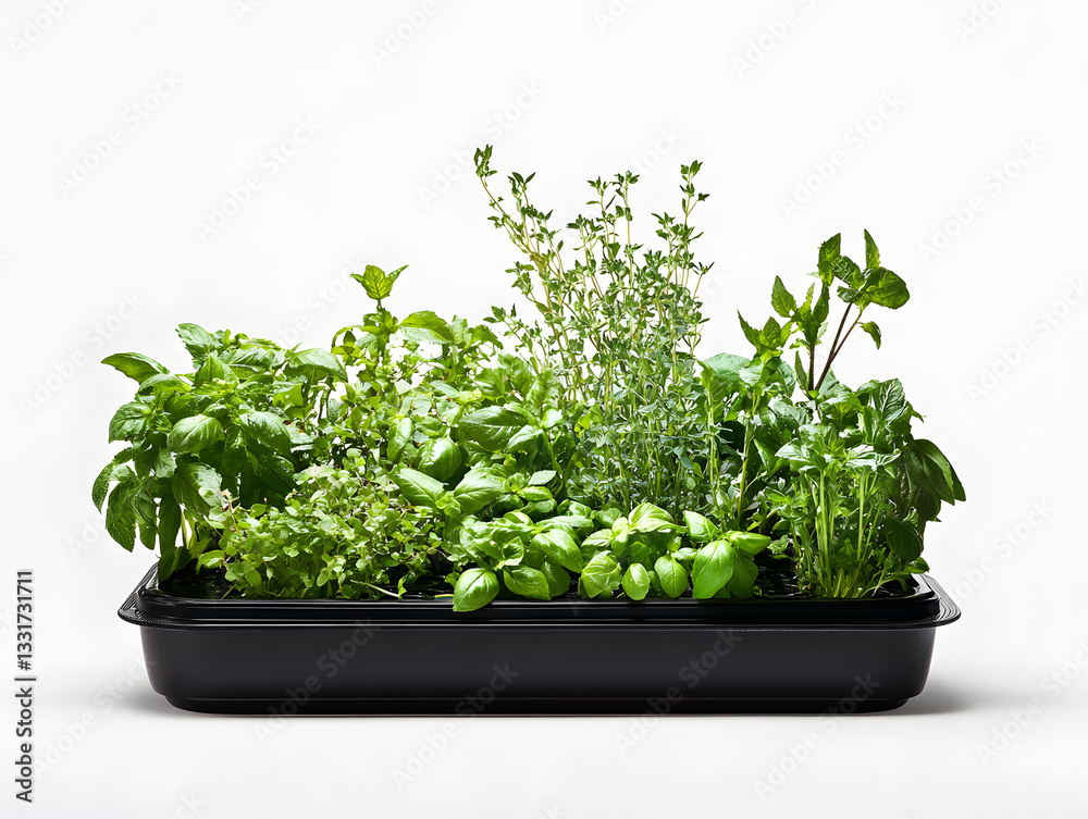 fresh herbs in a black plastic planting box. fresh herbs in a black plastic planting box.