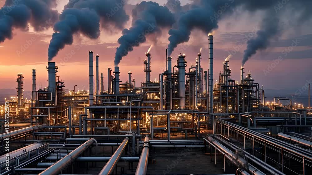 Large Industrial Oil Refinery with Multiple Smoking Chimneys at Sunset, Featuring Extensive Pipework and Infrastructure
Large Industrial Oil Refinery with Multiple Smoking Chimneys at Sunset, Featuring Extensive Pipework and Infrastructure