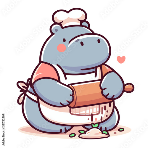 Passionate hippo pastry chef with rolling pin and heart-patterned apron. Vector illustration for baking classes, dessert recipes and culinary art concepts.